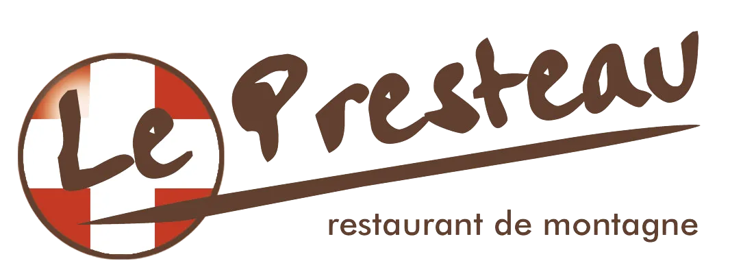 Logo du restaurant écrit le presteau avec une croix de savoie rouge et blanche derrière